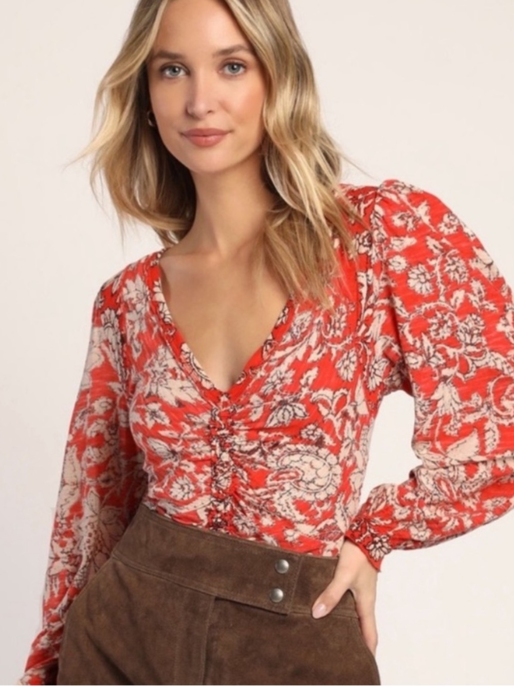 Free People Red Floral Long Sleeve Top